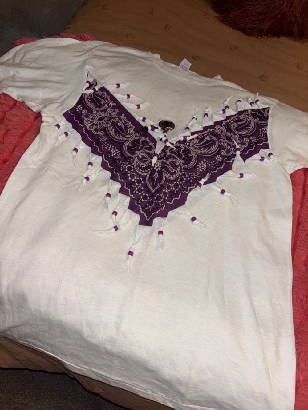 White Short-Sleeve Tee with Purple Bandana V Accent